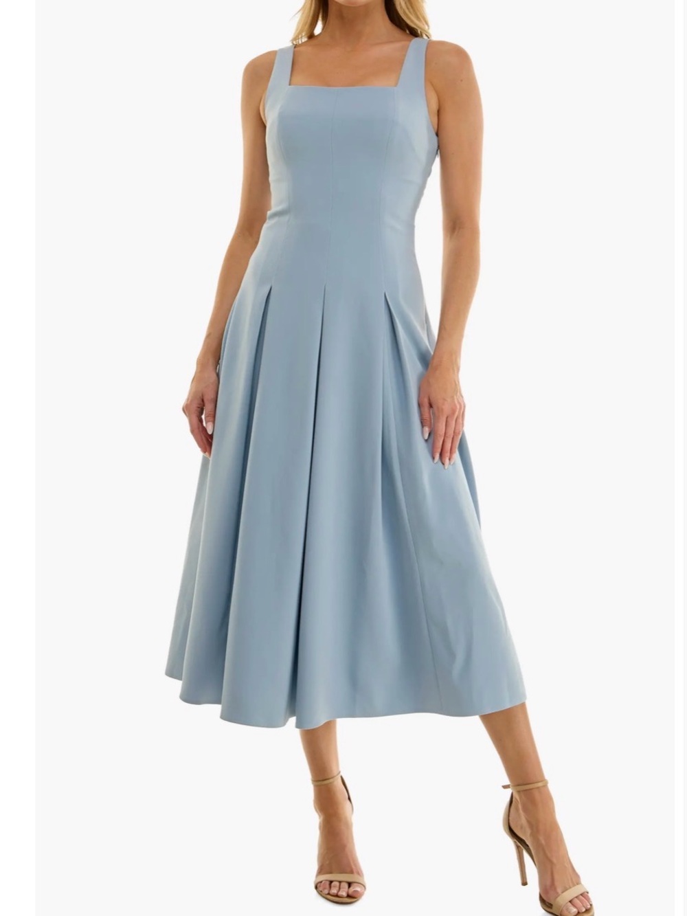 Socialite Pleated Square-Neck Midi Dress in Dusty Blue Medium
